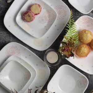 CORELLE POM POM WHITE SQUARE ROUND 21 PCS DINNER SET