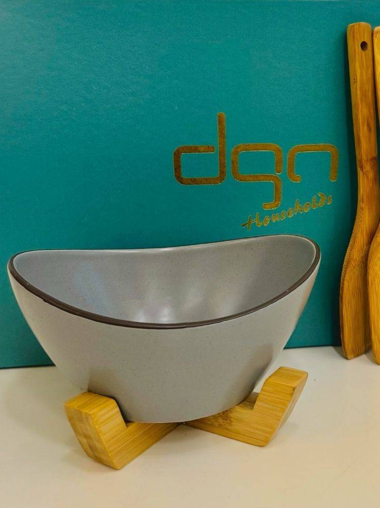 DGN Cinereous Silver Bamboo Stand Salad Bowl with Utensils Set