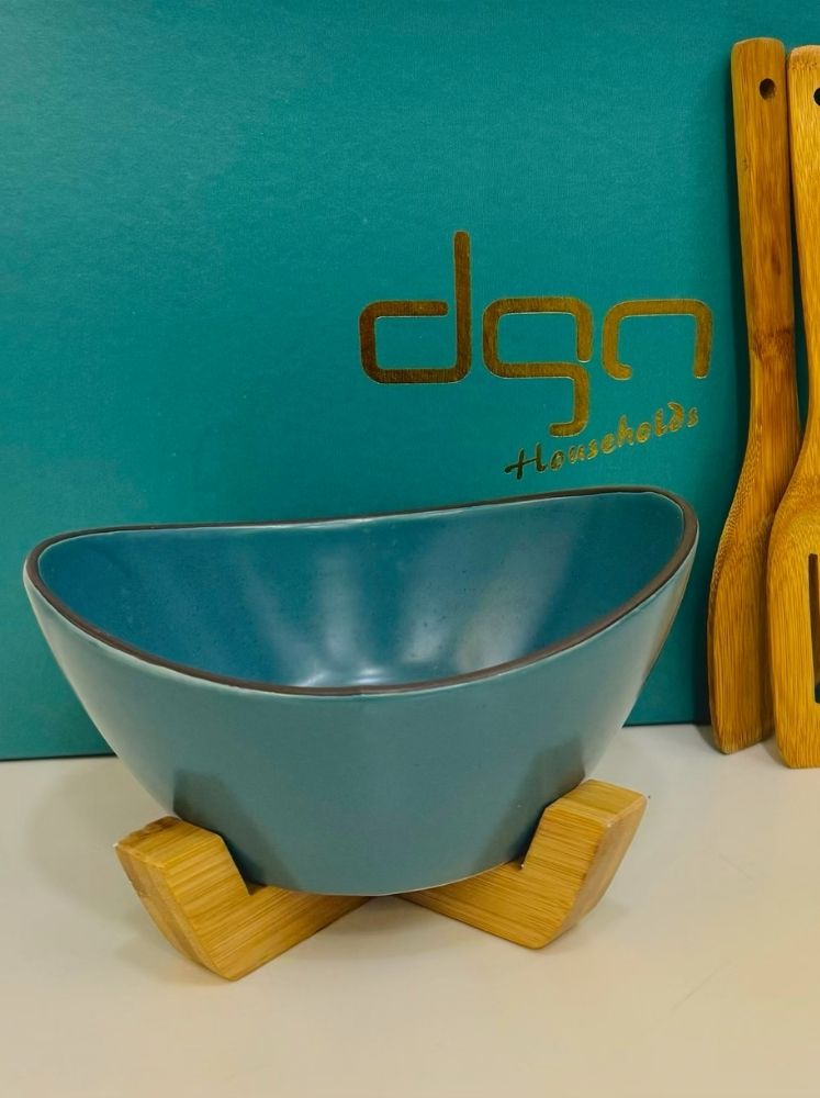 DGN Steel Teal Bamboo Stand Salad Bowl with Utensils Set
