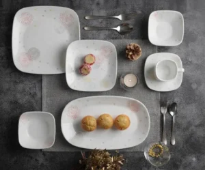 Corelle Pom Pom White Square Round Dinner Set