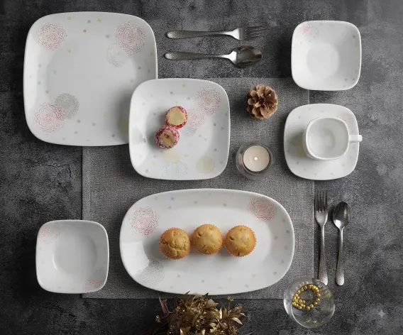 Corelle Pom Pom White Square Round Dinner Set